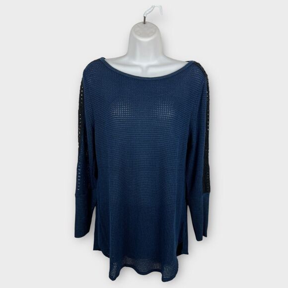 Soft Surroundings Bailey Thermal Navy Blue Long sleeve Black Crochet Inset Small - Picture 1 of 7